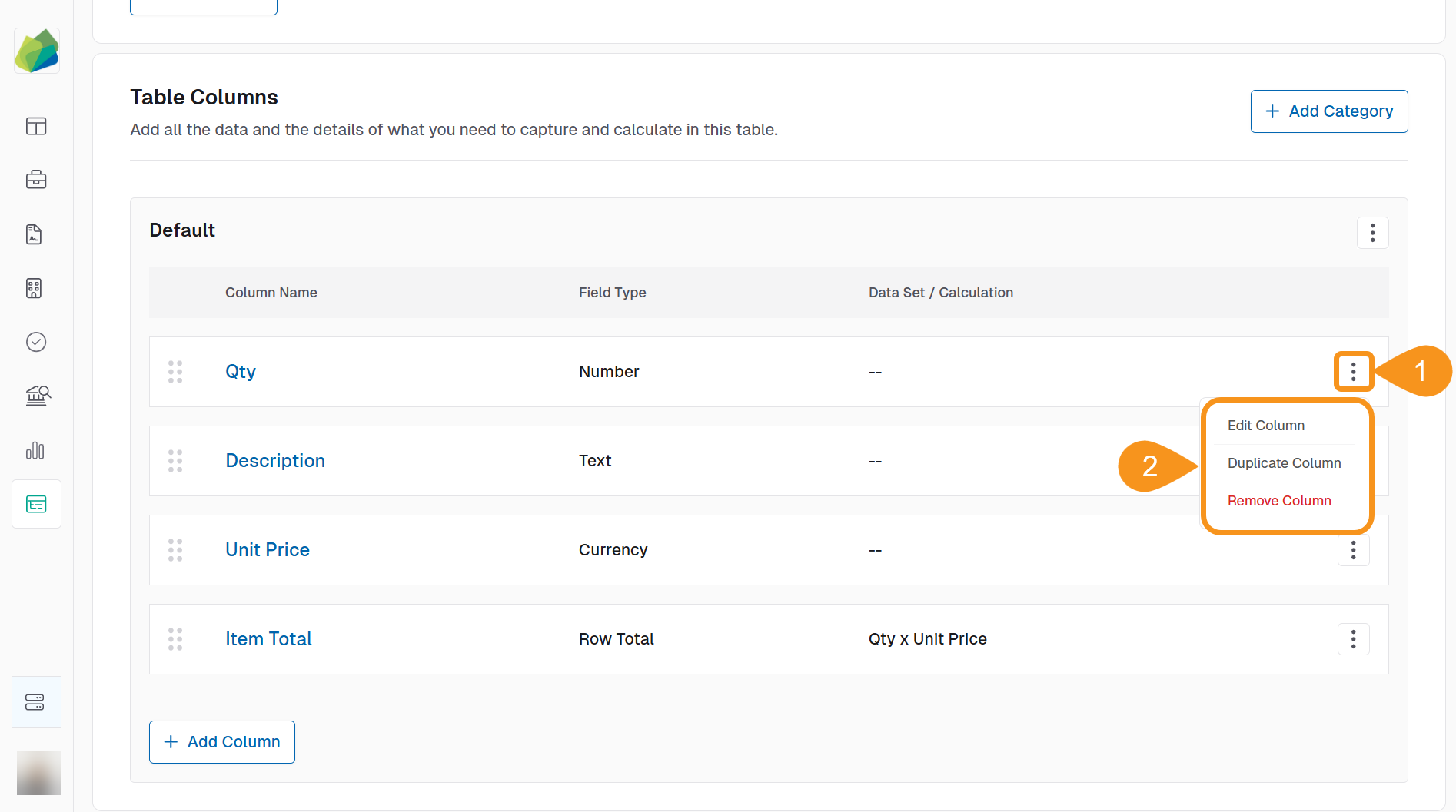 Manage Table Columns