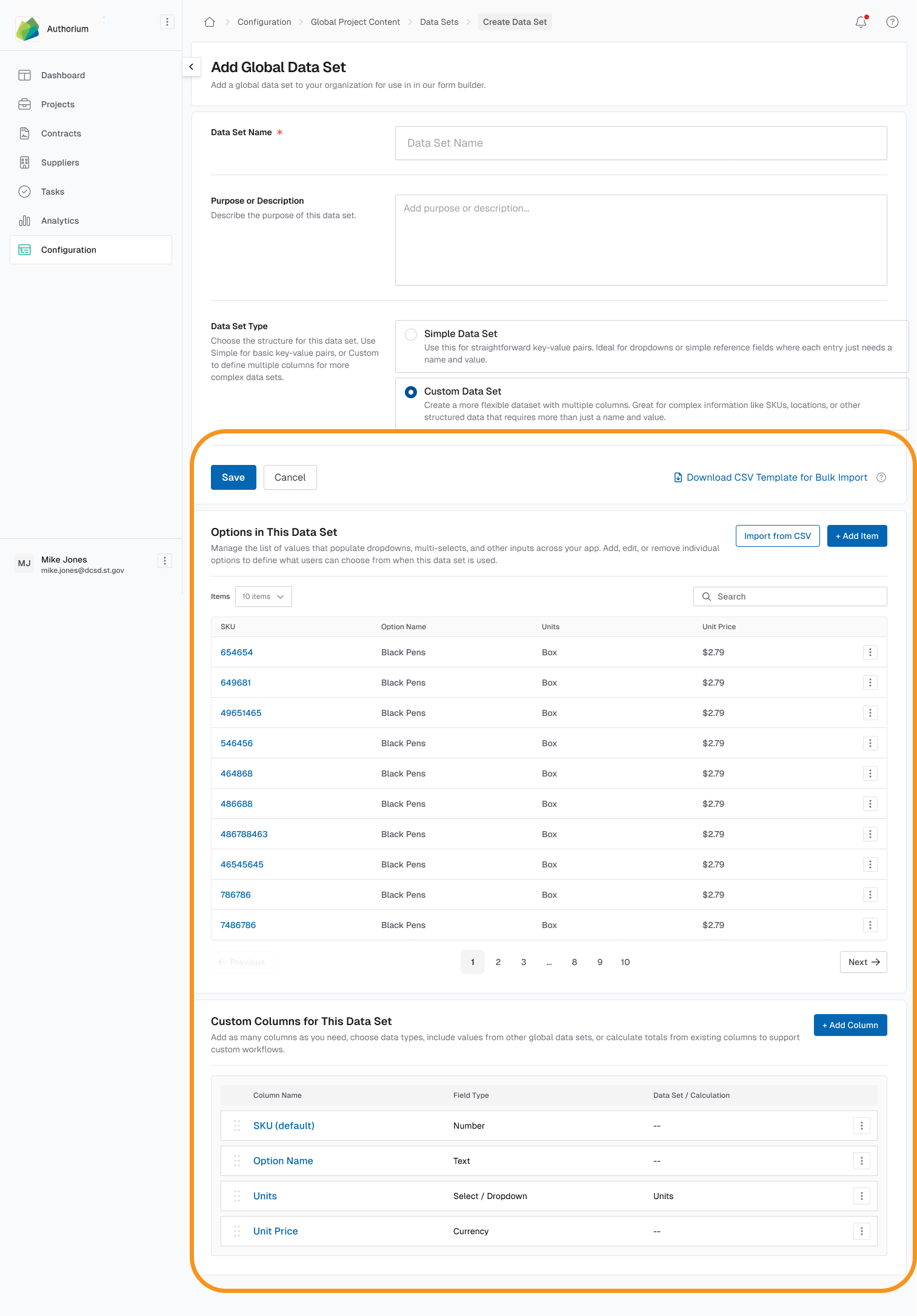 Global Data Sets: CSV Import and Custom Field Support