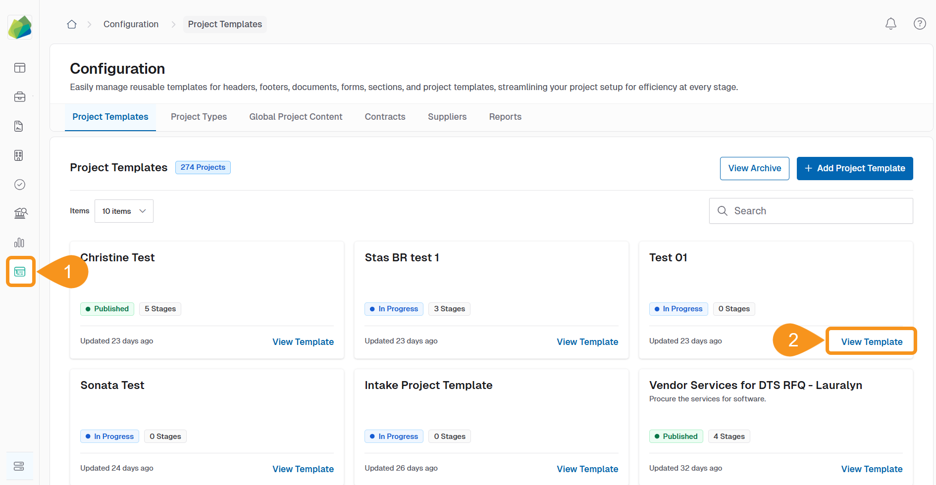 Project Template configuration page with the View Template option highlighted