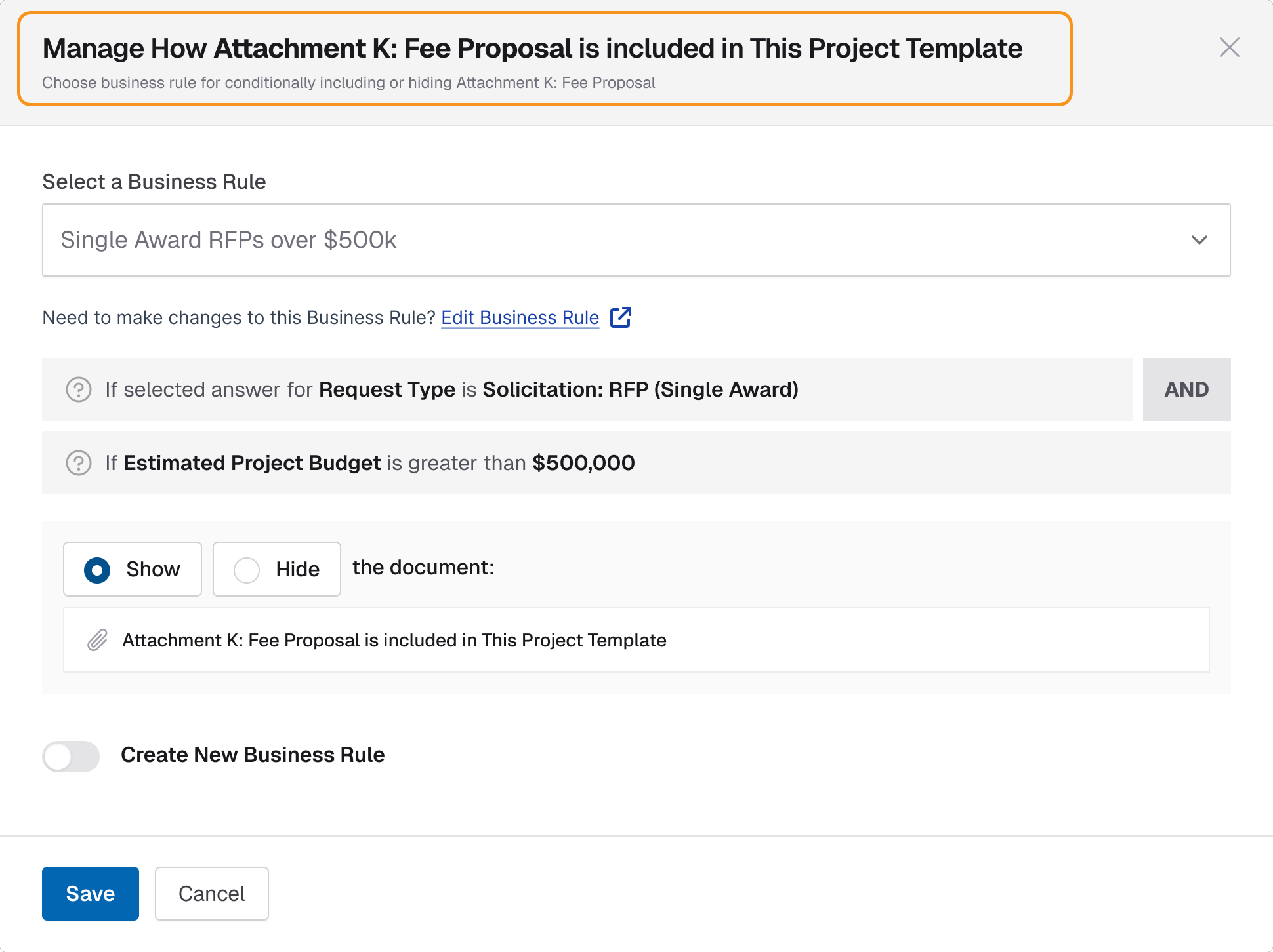 Image showing the choose business rule option for conditionality