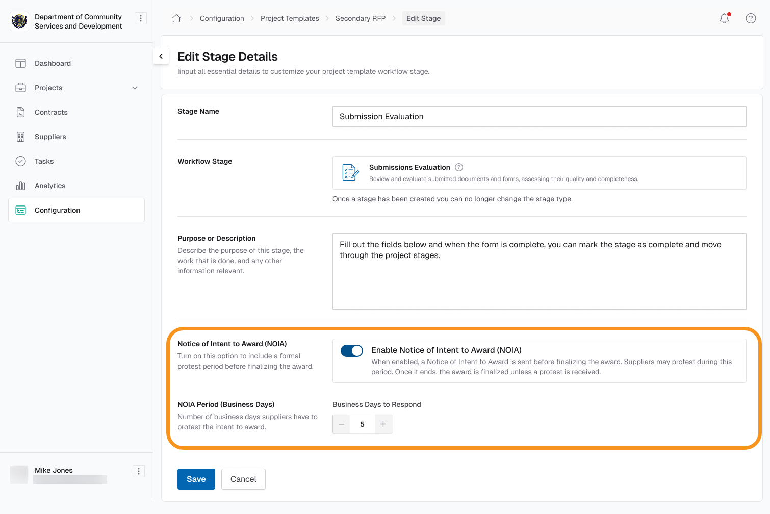 Image showing the Edit Stage Details page where you can enable the NOIA