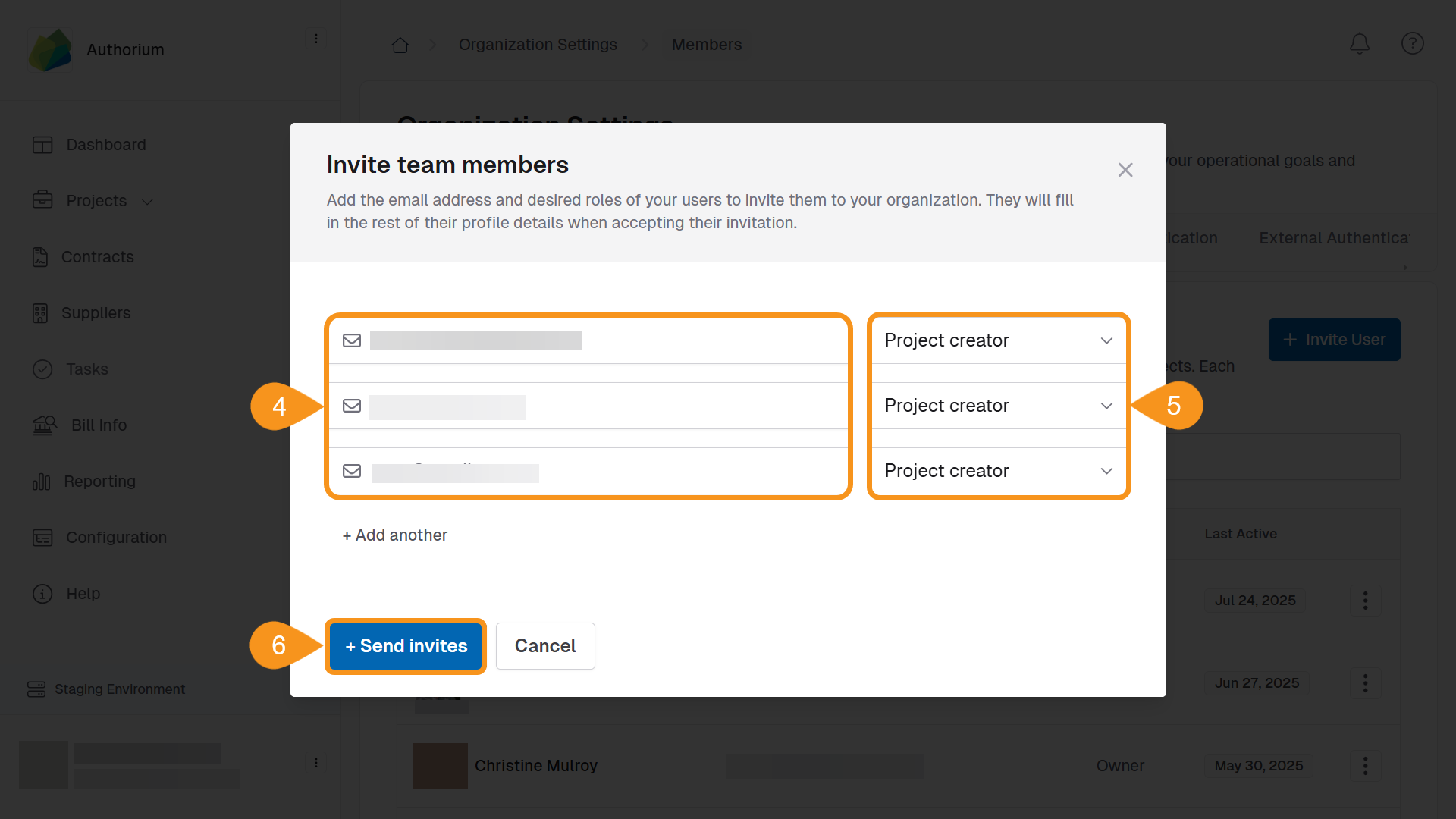 Form fields to enter user email and select organizational role (Admin, Account Owner, Project Creator)