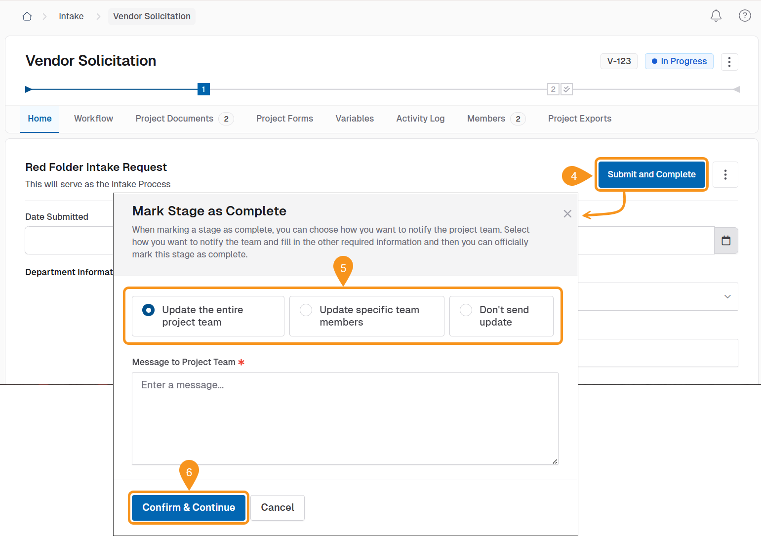 Image showing the submit and complete option together with the mark stage as complete modal window