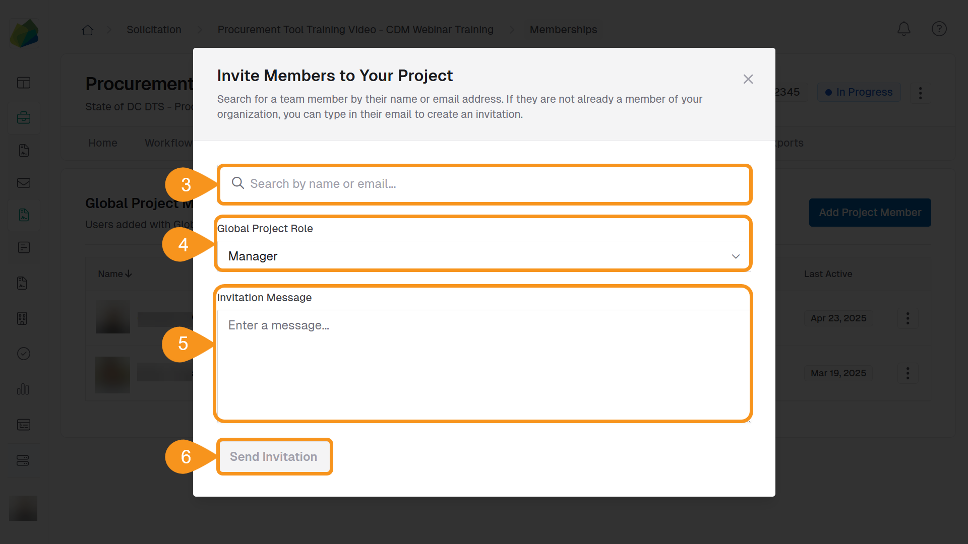 Form to add members to a project with fields for selecting users, assigning roles, and sending invitation message