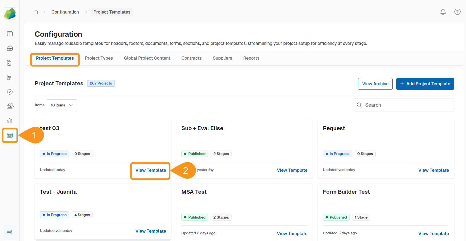 Project Templates configuration page showing the option to view a specific template