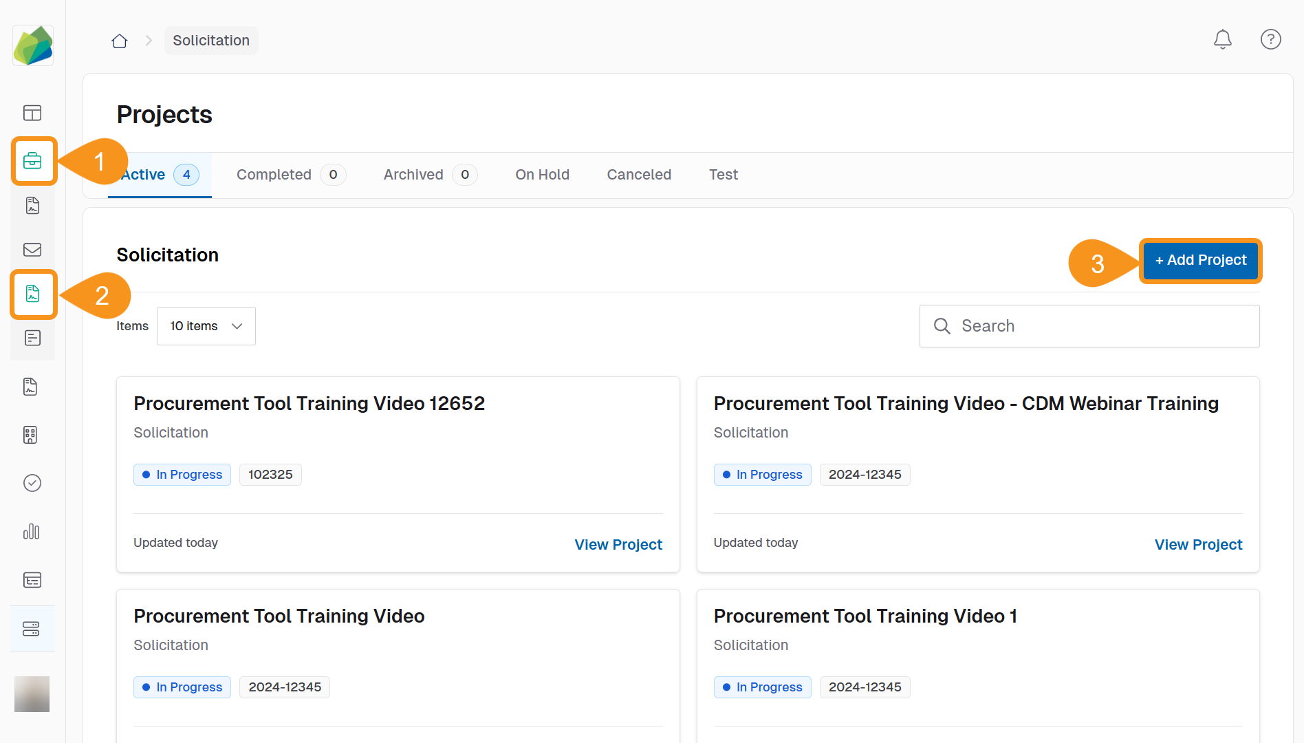 Dashboard view showing the Projects drop-down in the sidebar with the option to add a new project from a template