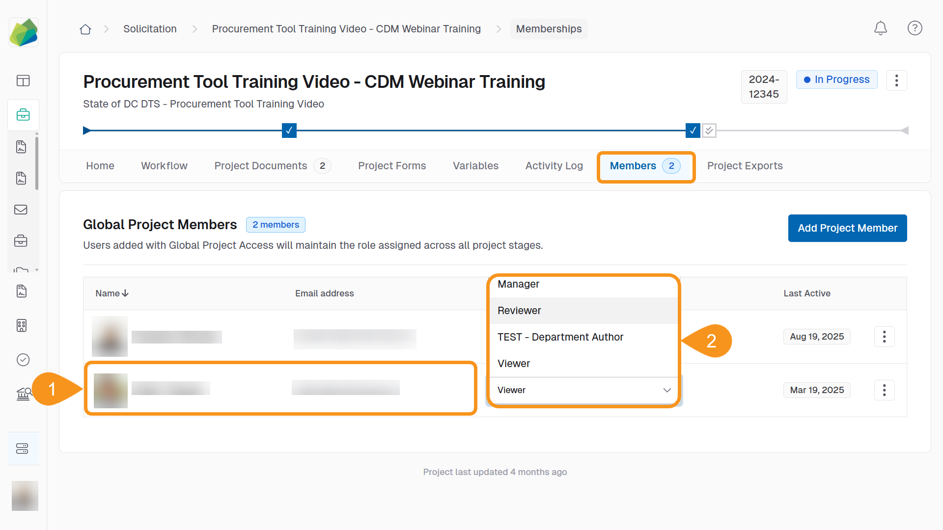 Project members list with role dropdown menu to edit a member’s assigned role