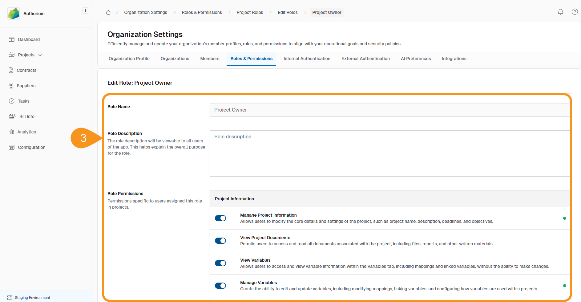 Edit role form with fields to update role name, description, and permissions