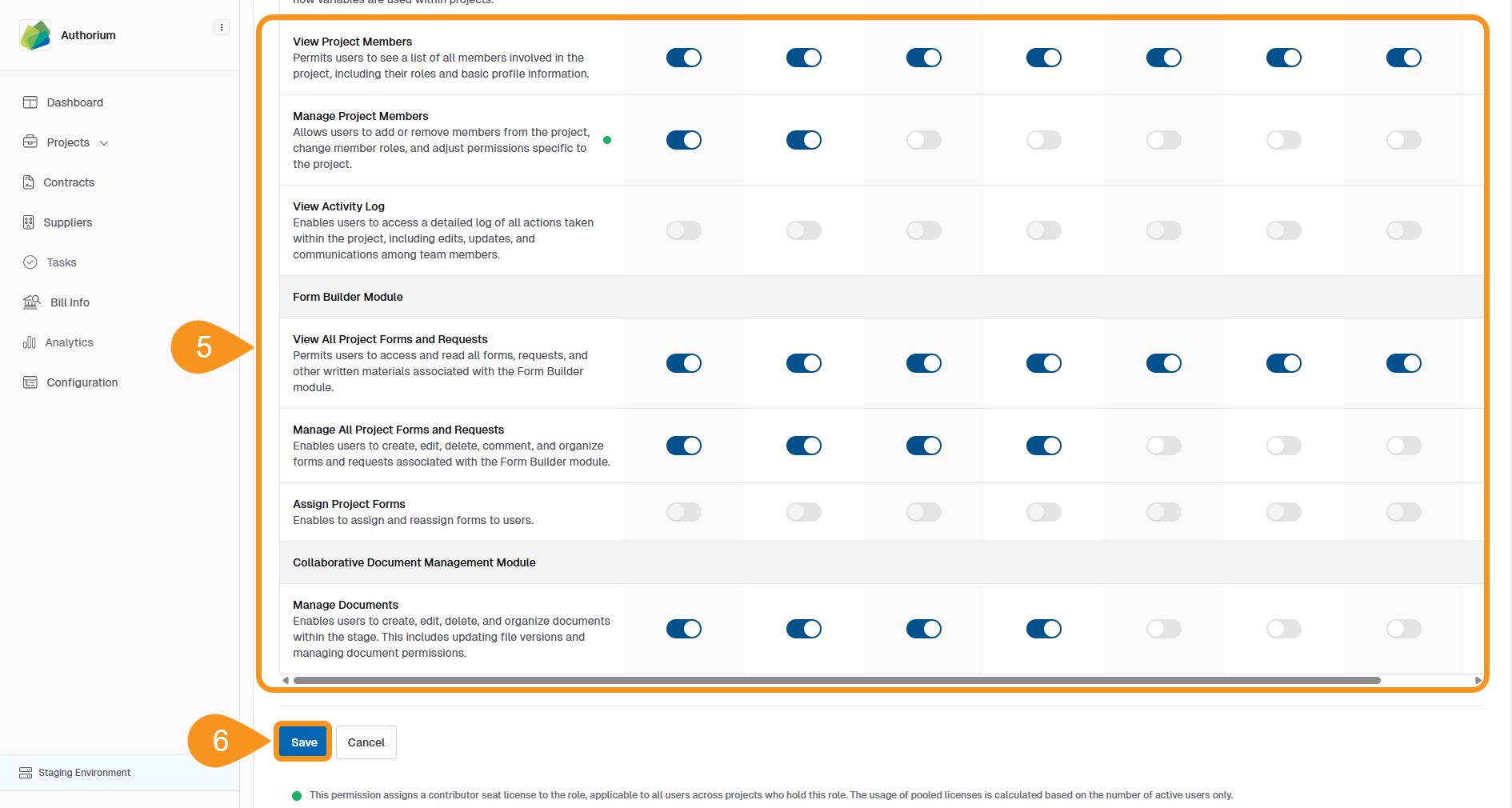 Edit permissions interface with toggles enabled for different project roles