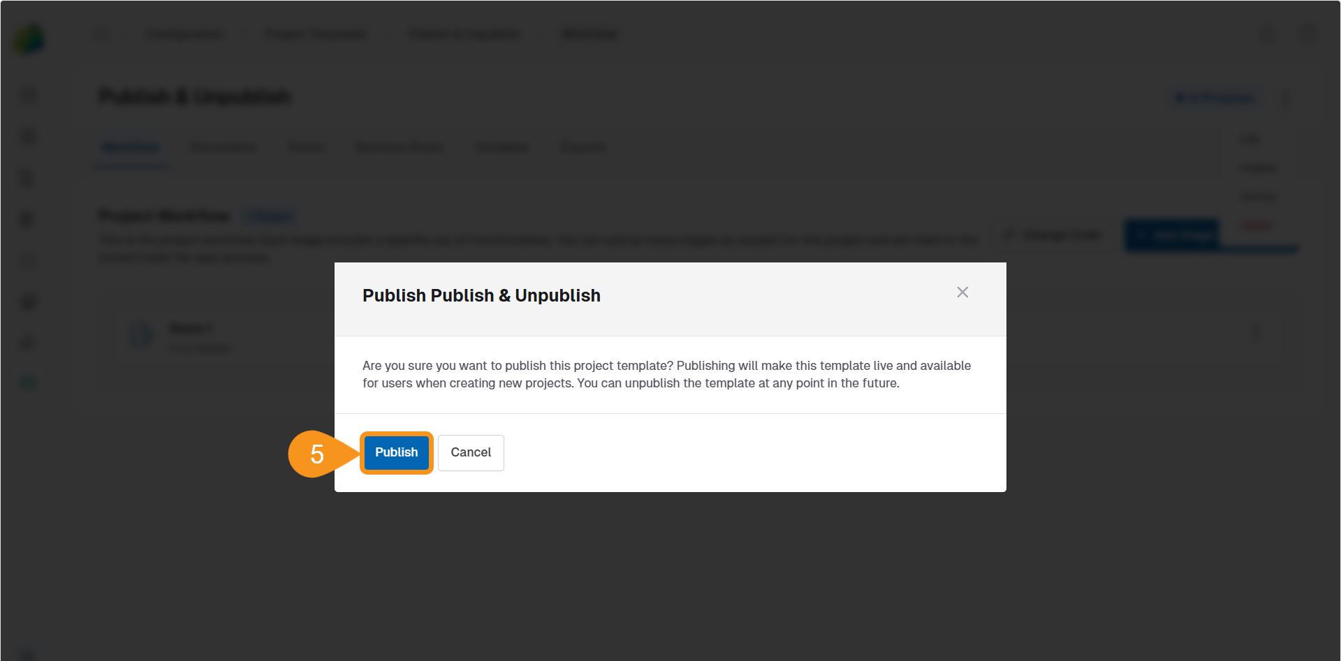 Confirmation dialog prompting the user to publish the selected project template