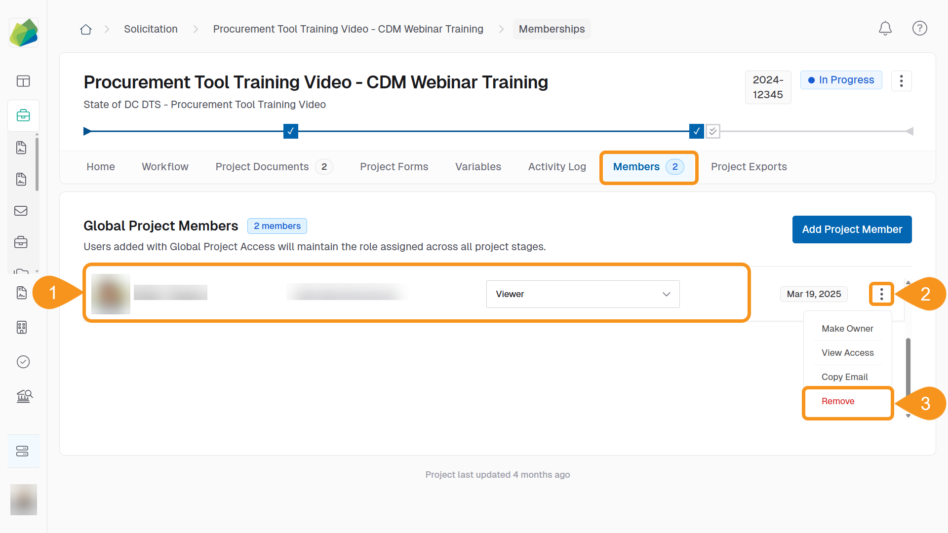 Project members list with three-dot menu to remove a selected member
