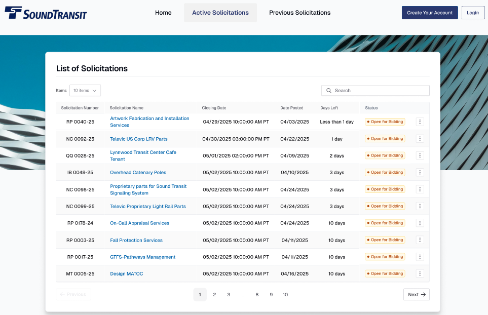 Image showing the landing page of the public bidding portal