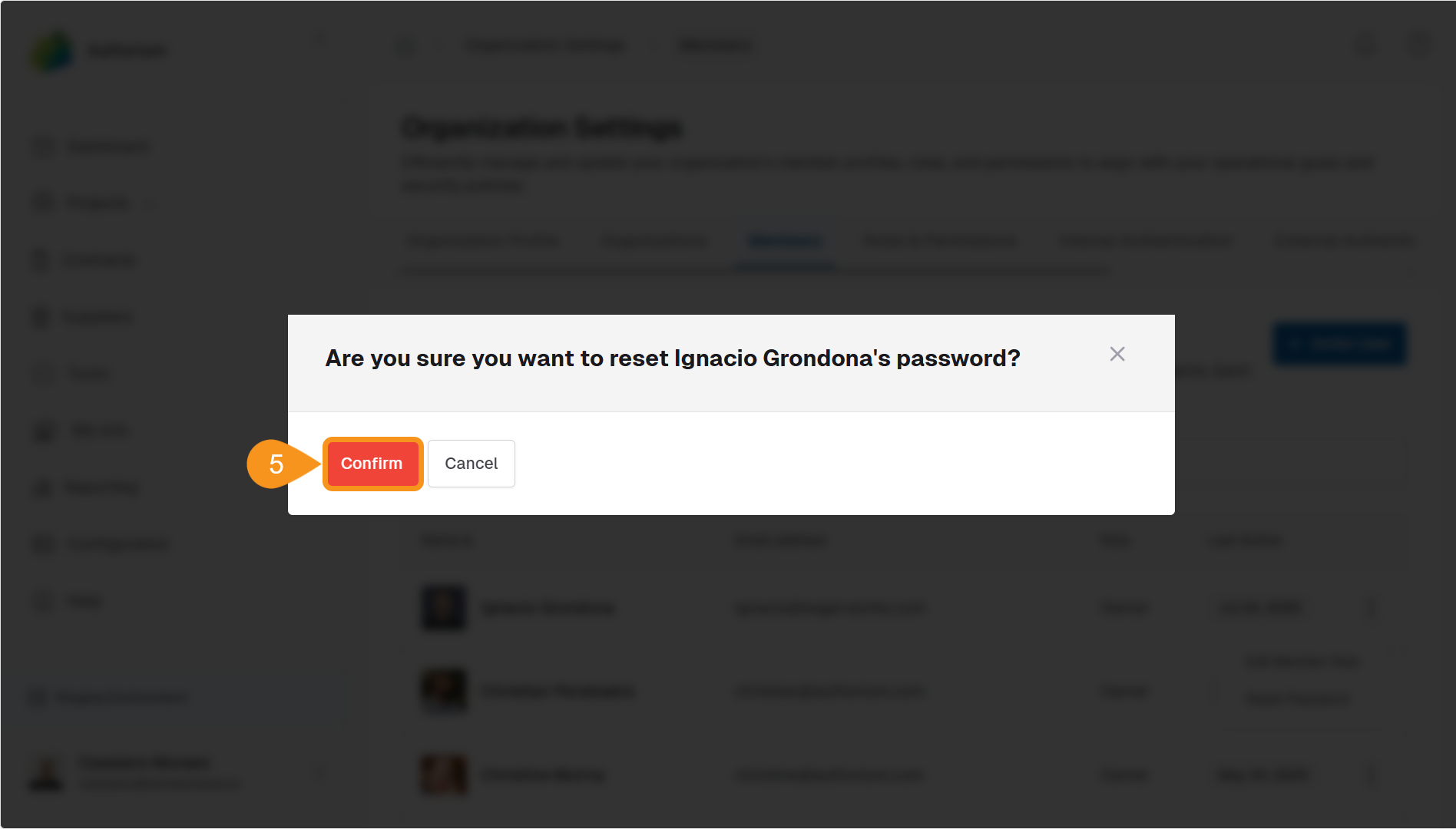 Confirmation dialog with the Confirm button to reset the user’s password