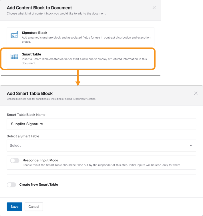Image showing the option to insert a Smart Table within a Collaborative Document